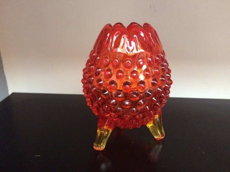 Tangerine Glass Vintage Home Decor Amberina Glass Hobnail shaped container Candy dish Vase Red to Yellow