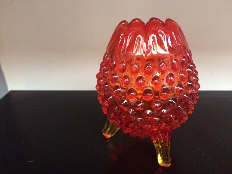 Tangerine Glass Vintage Home Decor Amberina Glass Hobnail shaped container Candy dish Vase Red to Yellow