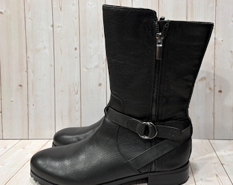 Womens Black Leather Moto Boots/Mid Calf Biker Boots Size 8.5