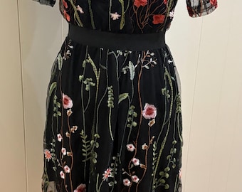 Vintage Black Floral Embroidered Sheer Dress, Whimsigoth Fairy Grunge, Size Small