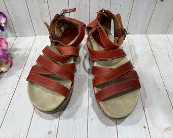 Alpargatas de cuero rojo vintage estilo gladiador con cuña, talla 8.5