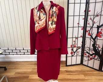 Vintage Burgundy Wool  Lined  Two Piece  Skirt Suit Size 14