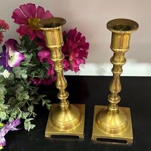 Vintage Pair Solid Brass Candle Holders 9” Tall Brass Hollywood Regency Boho Bohemian Decor