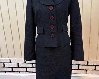 Talbots Navy Jacquard Skirt Suit Set Size 10 – Vintage Blazer and Skirt
