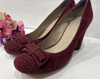 Burgundy Suede Studded Bow Block Heel Pumps Size 10
