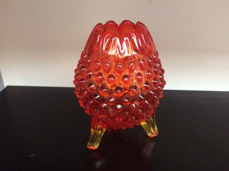 Tangerine Glass Vintage Home Decor Amberina Glass Hobnail shaped container Candy dish Vase Red to Yellow