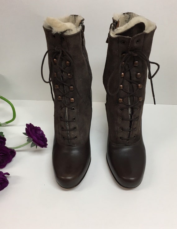Brown Suede Lace up Granny Boots