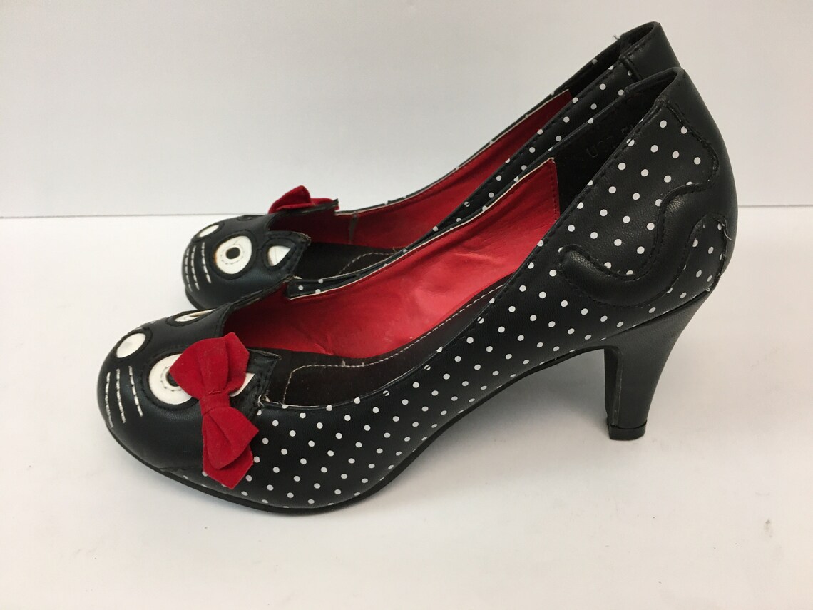 Polka Dot Kitty Pumps/Black Cat Heels/ Size 7 TUK shoes Etsy