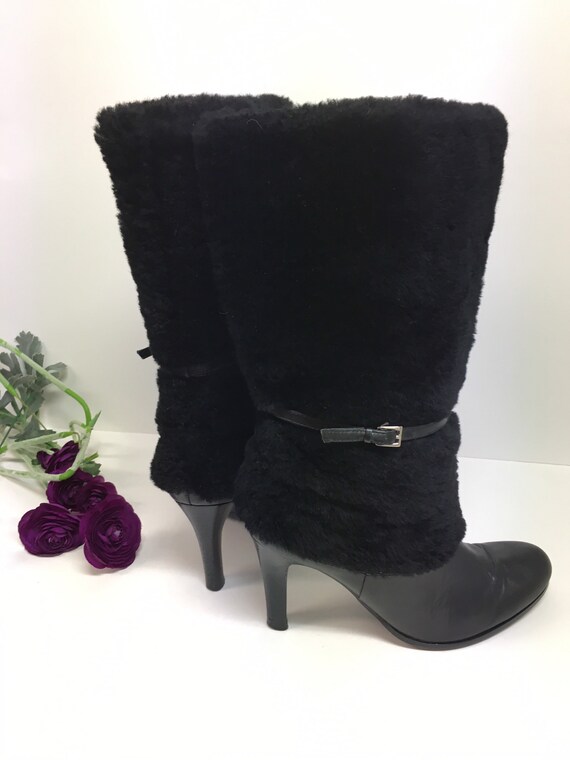 Black Leather Pull On Boots/Black Furry Boots Size