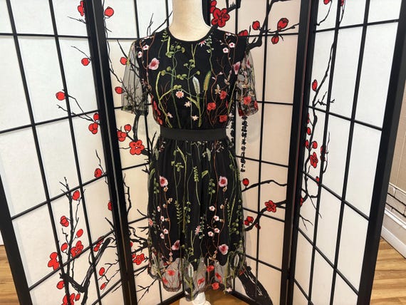 Vintage Black Floral Embroidered Sheer Dress, Whimsigoth Fairy Grunge, Size Small