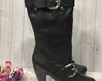 Vintage Black Leather Tall Buckle Boots Size 10