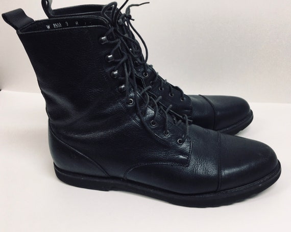 Womens Black Leather Combat Biker Ankle Boots - La