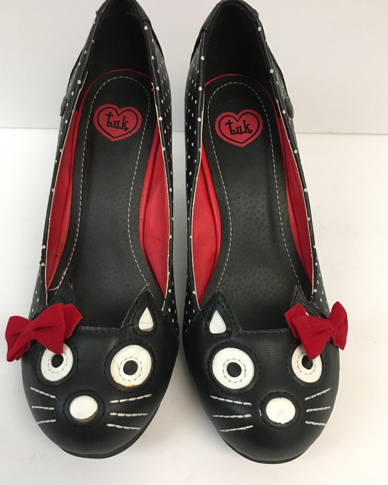 Polka Dot Kitty Pumps/Black Cat Heels/ Size 7 TUK shoes Etsy
