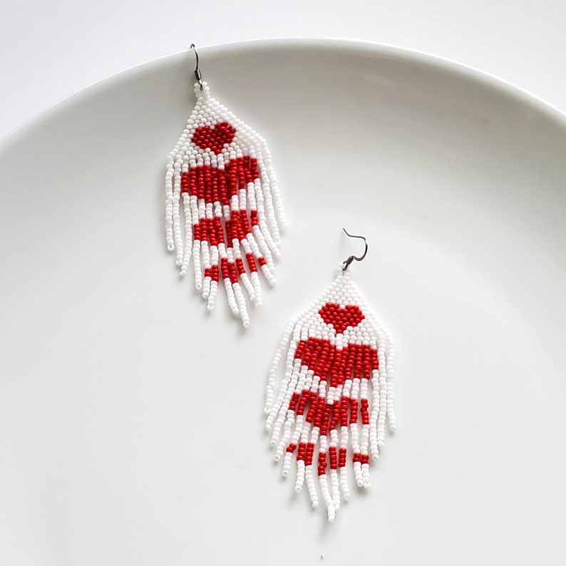 Red Heart Birthday Gift Earrings, Indigenous Style Romantic Earrings, Cute Heart Jewelry, Red and White Dangle Jewelry image 4