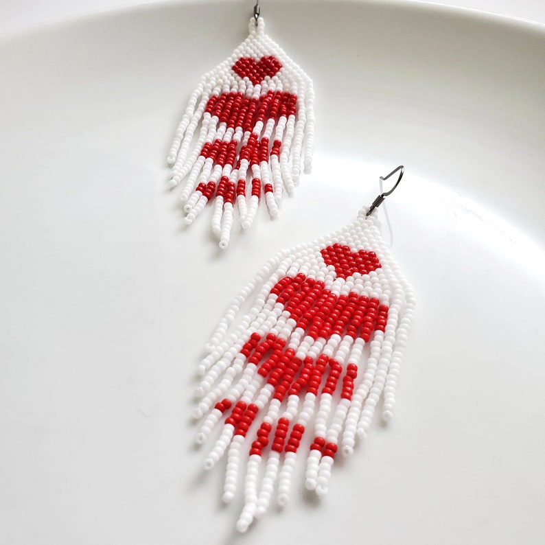 Red Heart Birthday Gift Earrings, Indigenous Style Romantic Earrings, Cute Heart Jewelry, Red and White Dangle Jewelry image 7