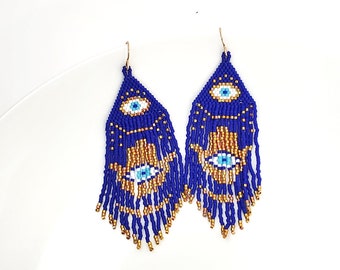 Hamsa Hand and Evil Eye Beaded Dangle Earrings, Unique Gift, Protective Spiritual Statement Gift for Her