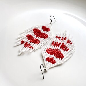 Red Heart Birthday Gift Earrings, Indigenous Style Romantic Earrings, Cute Heart Jewelry, Red and White Dangle Jewelry image 5