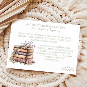 Carte de remerciement livre sur le thème de la douche nuptiale, une carte de remerciement de la douche nuptiale nouveau chapitre, carte de remerciement sur le thème du livre, modifiable imprimable