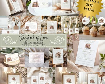 May include: A collection of bridal shower stationery items, including invitations, place cards, and signs. The items feature a watercolor illustration of a stack of books with floral accents. The text "Storybook of Love" is displayed.