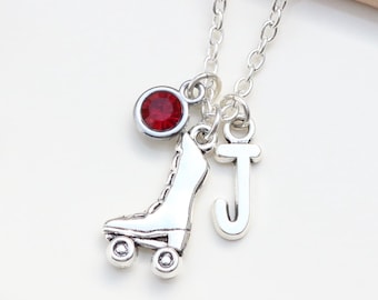 Personalised Roller Skate Necklace – Initial & Birthstone Charm, Rollerblading Lover, Gift for Skater