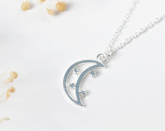 Celestial Crescent Moon & Stars Sterling Silver Necklace - Half Moon Jewellery. Whimsigoth. Dainty Necklace.