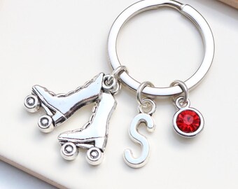 Personalised Roller Skate Keyring – Initial & Birthstone Charm, Rollerblading Lover, Gift for Skater,