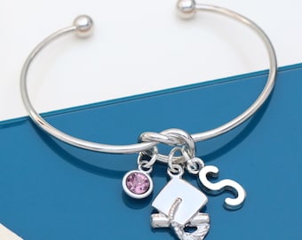 Graduation Cap Silver Cuff Personalised Bracelet - Congratulations gift, Happy 2025  Graduation, Well done Present, Gift for Daughter,