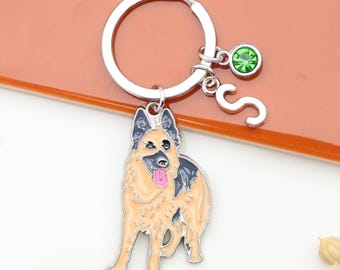 Personalised German Shepherd Keyring – Alsatian Dog Lover Gift with Initial & Birthstone,