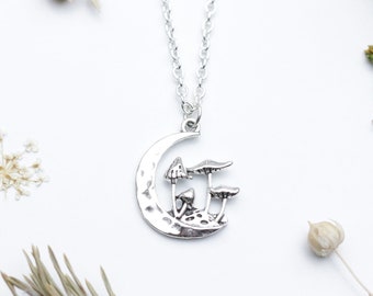 Silver Mushroom's on Crescent Moon Necklace - Cottagecore, Goblincore Jewellery, Toadstool Necklace, Clestical Jewellery,