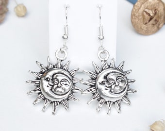 Silver Sun and Moon Earrings - Witchy Jewellery, Celestial Earrings, Whimisgoth, Hypoallergenic Sterling Silver Drop Earrings,