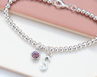 Personalised Initial and Birthstone Bracelet – Silver Bead Charm Bracelet