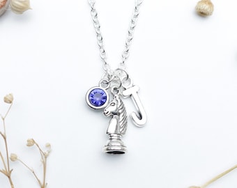 Personalised Chess Knight Necklace -  Chess Lover Gift, Birthstone & Initial Charm