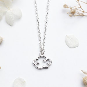 Può includere: Una collana a catena d'argento con un delicato ciondolo a forma di nuvola. La collana è su uno sfondo bianco con fiori secchi.