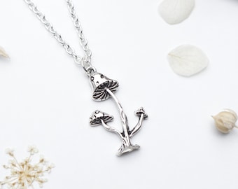 Silver Mushrooms Necklace - Cottagecore Goblincore Jewellery, Toadstool Necklace,