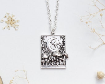 Zilveren ketting paddenstoelenveld onder de maan - Cottagecore Goblincore-sieraden, Toadstool-ketting,