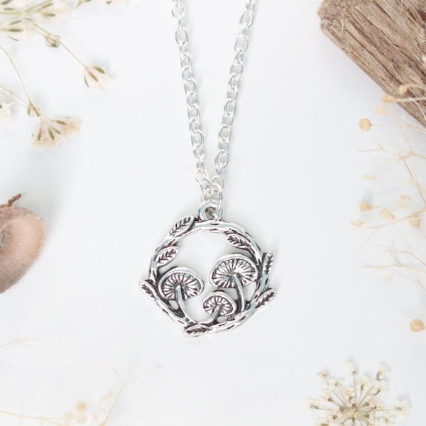 Mushroom Wreath Silver Necklace - Cottagecore. Goblincore. Fairycore. Dark Academia. Gift For Her. Mushroom lover gift.