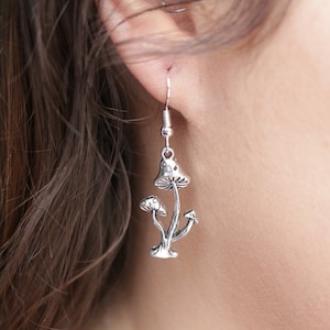 Silver Mushrooms Earrings - Cottagecore Goblincore Jewellery, Toadstool Earrings, Hypoallergenic Sterling Silver Drop Earrings,