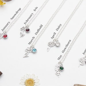 Birth Flower Necklaces with Birthstone - Gift for her. Birth Month Necklace. Birthday Gift. Mothers Day Gift.