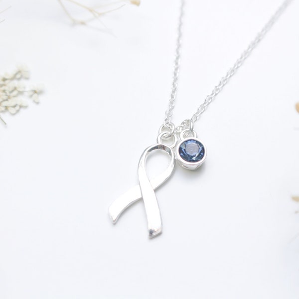 Ovarian Cancer Sterling Silver Awareness Ribbon Necklace with Blue Zircon Swarovski Crystal