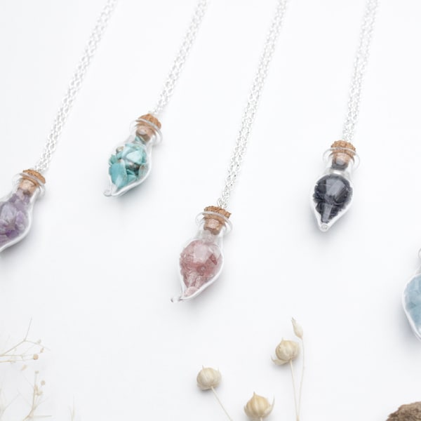 Gemstone Crystal Bottle Necklaces - Spell Bottle. Wishing Bottle.