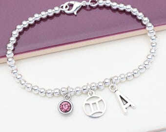 Zodiac Star Sign Personalised Silver Bead Bracelet - Horoscope Jewellery Gift