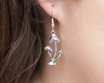 Silver Mushroom Drop Earrings - Handmade Cottagecore Jewellery, Toadstool Nature Earrings