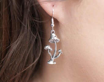 Silver Mushrooms Earrings - Cottagecore Goblincore Jewellery, Toadstool Earrings, Hypoallergenic Sterling Silver Drop Earrings,