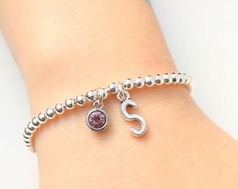 Personalised Initial & Birthstone Charm Bracelet - Silver Bead Bracelet, Friendship Gift, Monogram Jewellery, Bridesmaids Gifts, Mothers Day