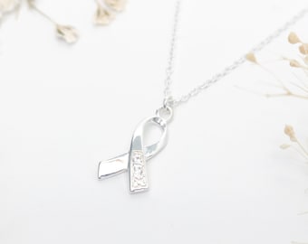 Sterling Silver Awareness Ribbon Necklace with Cubic Zirconia's