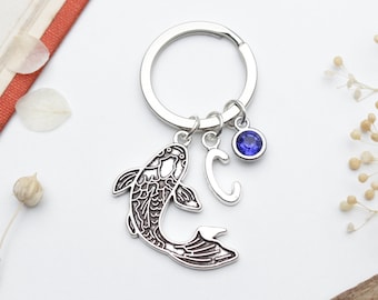 Personalised Koi Fish Keyring – Initial & Birthstone, Fish Lover Gift