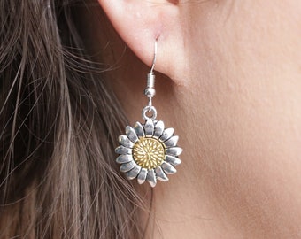 Sunflower Earrings - Bridal Jewellery, Boho Earrings, Flower Gift, Bridal Earrings, Hypoallergenic Sterling Silver Drop Earrings,