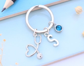 Personalised Stethoscope Keyring - Initial & Birthstone Charm, Veterinary Gift, Doctor and Nurse Keyring, Graduation Keepsake
