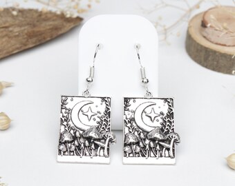 Mushroom Field Under Moon Earrings - Sterling Silver Hooks, Cottagecore Jewellery