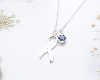 Ovarian Cancer Sterling Silver Awareness Ribbon Necklace with Blue Zircon Swarovski Crystal